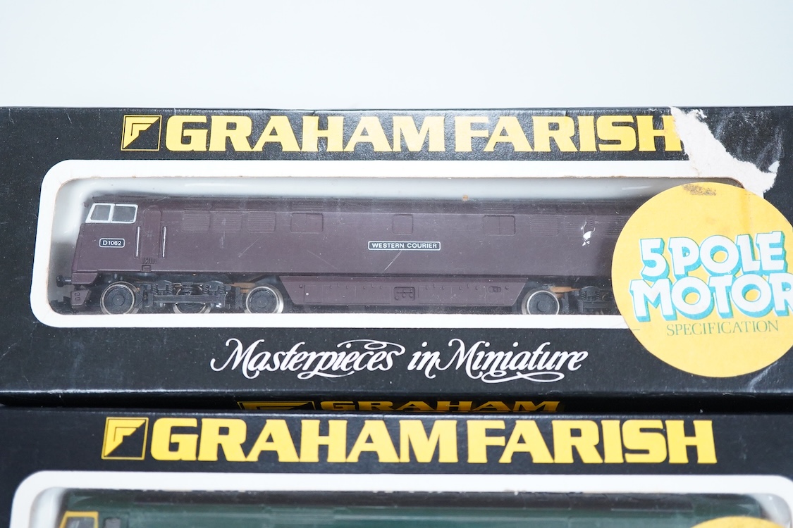Four boxed Graham Farish N gauge railway diesel locomotives; a BR class 50, Sir Edward Elgar 50007 (8406), a BR class 52, Western Courier D1062 (8426), a BR class 55, The Black Watch 55013, (8415) and a Porterbrook class